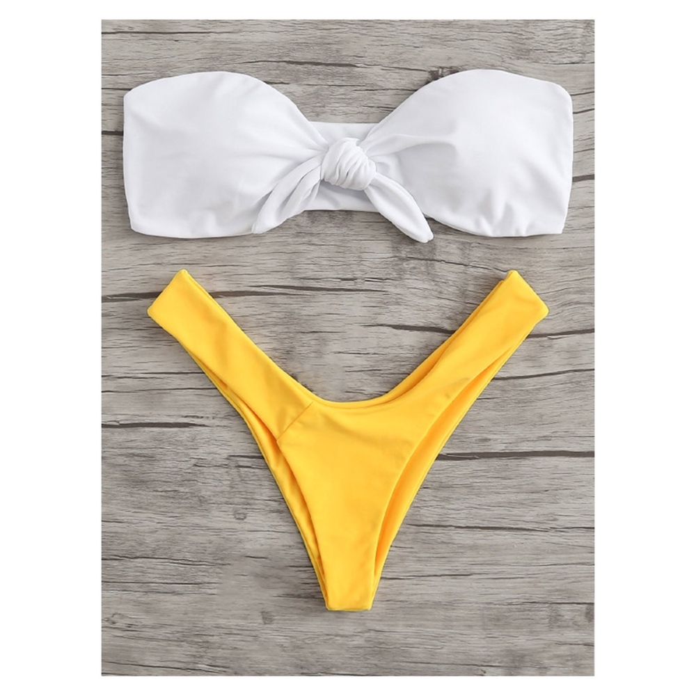 White Yellow Front Knot Bandeau High Leg Bikini - Picture 2 of 6